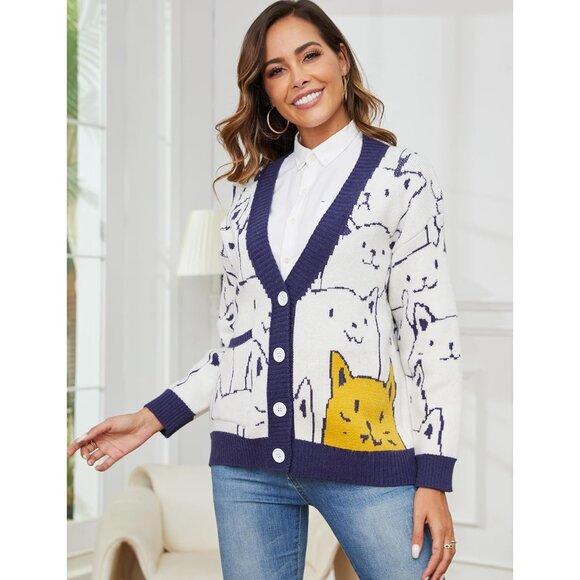 Women's Oversized Cat Cardigan Sweater Knit V-Neck Button Up Casual - Picture 5 of 7